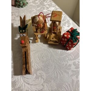 Lot of 4 Vintage Ornaments Two Handmade and Two Made In Tawain Wood